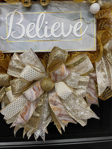 Gold Marble Believe Christmas Wreath, Metallic Holiday Front Door Decor, KatsCreationsNMore