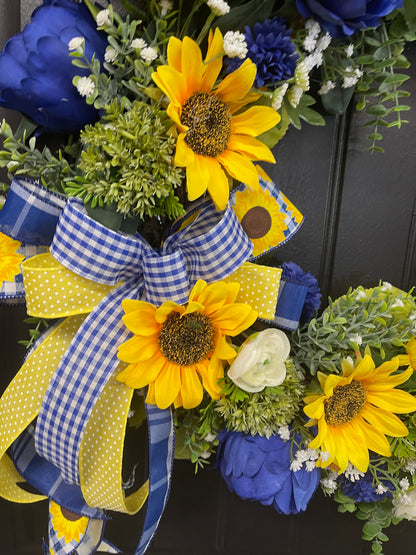 Sunflower and Peony Grapevine Wreath – Yellow and Blue Summer Door Decor - KatsCreationsNMore