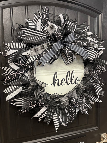Black & White Hello Classic Everyday Welcome Wreath | Modern Farmhouse Front Door Décor | KatsCreationsNMore