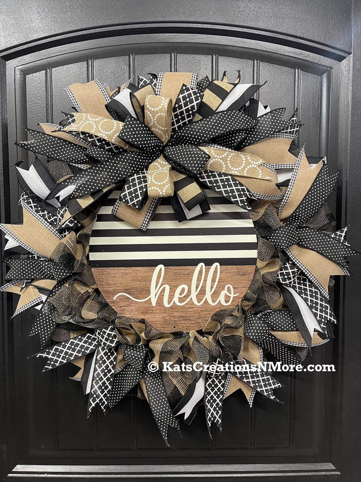 Everyday Hello Wreath, Black and Tan Farmhouse Front Door Decor, KatsCreationsNMore