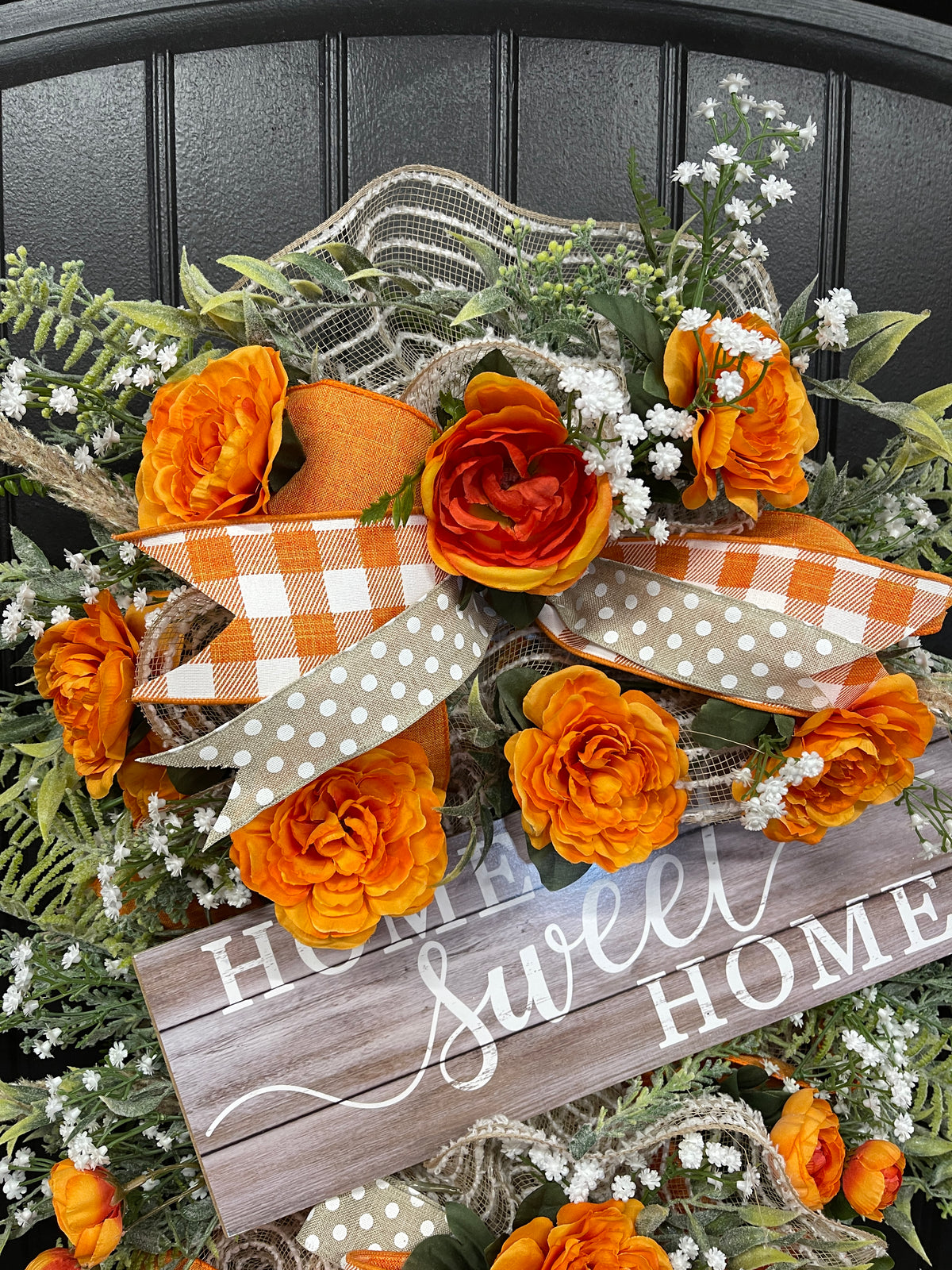 Home Sweet Home Vertical Swag with Orange Ranunculus and Rustic Gingham Bow – Farmhouse Door Hanger, KatsCreationsNMore