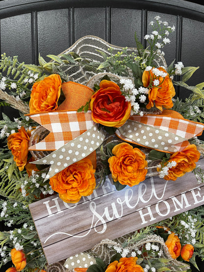 Home Sweet Home Vertical Swag with Orange Ranunculus and Rustic Gingham Bow – Farmhouse Door Hanger, KatsCreationsNMore