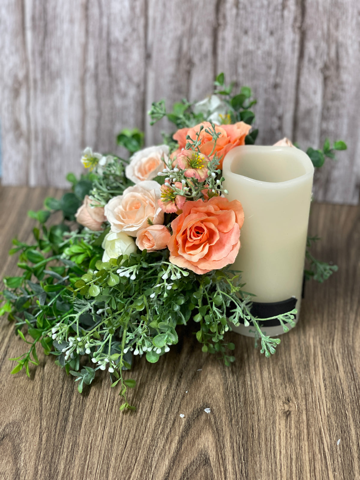 Spring Peach Rose and Ivory Ranuculus Bottle Bouquet, Floral Candle Holder, Table Centerpiece, Hostess Gift, Baby or Bridal Shower Arrangement, KatsCreationsNMore