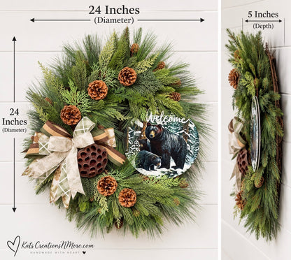 Black Bear Welcome Grapevine Wreath, Balsam and Pine Front Door Decor, KatsCreationsNMore