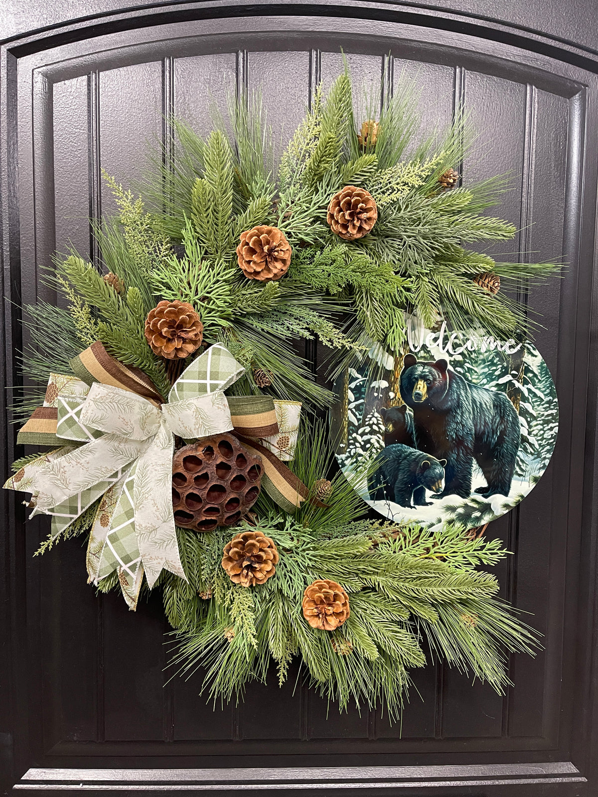 Black Bear Welcome Grapevine Wreath, Balsam and Pine Front Door Decor, KatsCreationsNMore