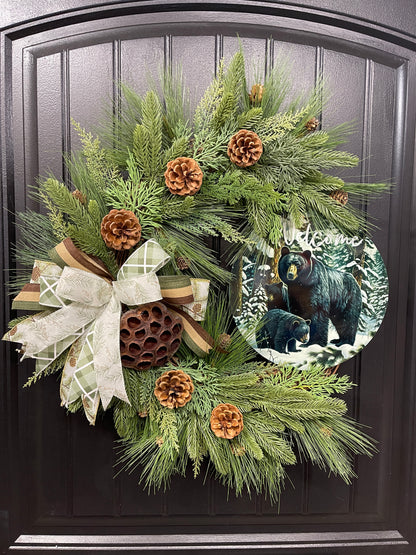 Black Bear Welcome Grapevine Wreath, Balsam and Pine Front Door Decor, KatsCreationsNMore