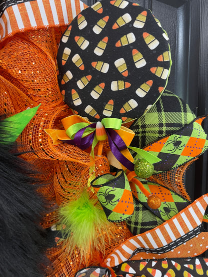 Halloween Monster Candy Corn Sucker Wreath, Seasonal Holiday Front Door Decor, KatsCreationsNMore