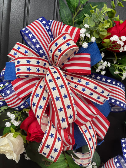 Patriotic Floral Rose Grapevine Double Bow Wreath, 4th of July Front Door Decoration, KatsCreationsNMore
