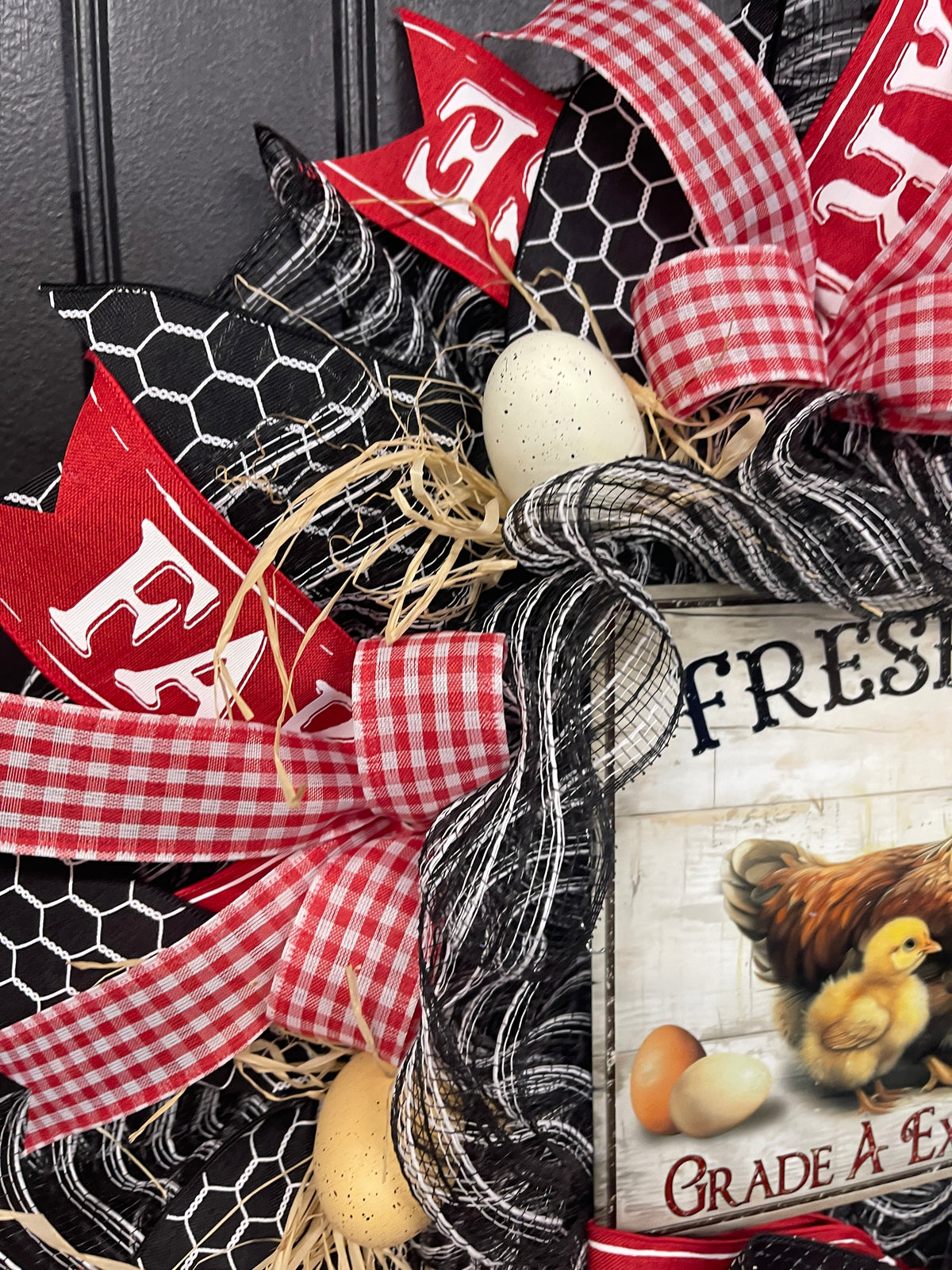 Farmhouse Chicken Wreath, Fresh Eggs Front Door Wreath, Rustic Chicken Wreath, Country Farmhouse Decor, Red Gingham Spring Summer Wreath, KatsCreationsNMore