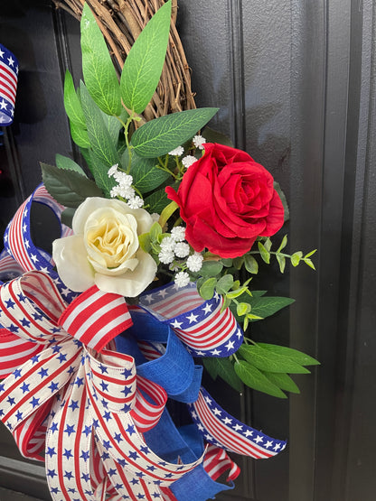 Patriotic Floral Rose Grapevine Double Bow Wreath, 4th of July Front Door Decoration, KatsCreationsNMore