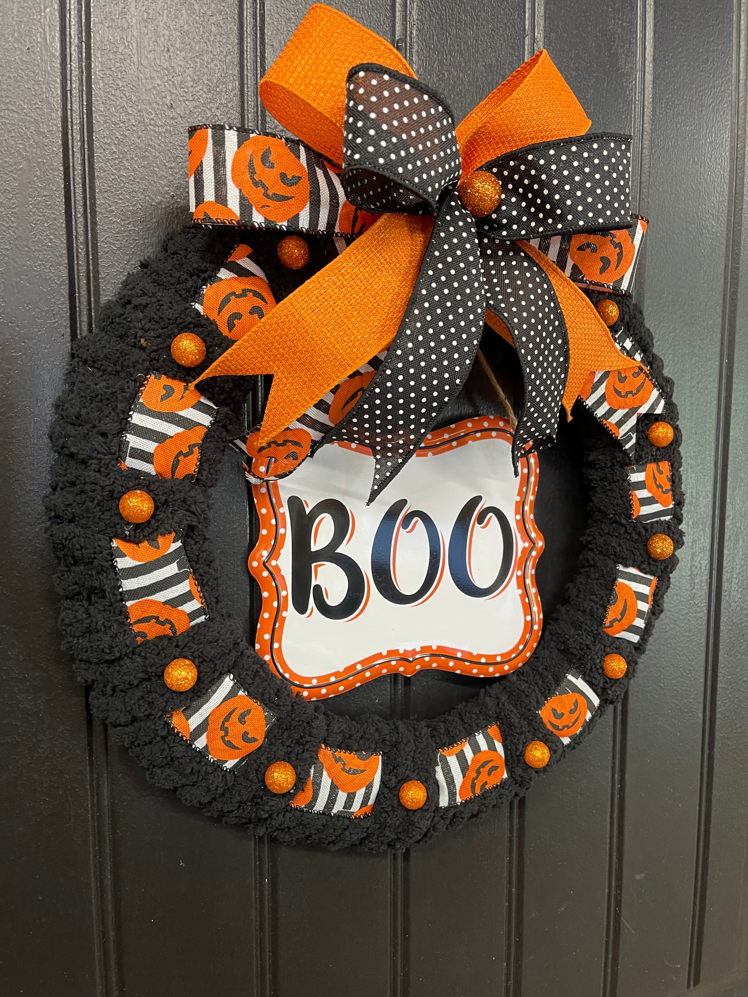 Halloween “BOO” Wreath for Front Door – 16-Inch Black & Orange Jack-O’-Lantern Wreath – Storm Door Friendly - KatsCreationsNMore