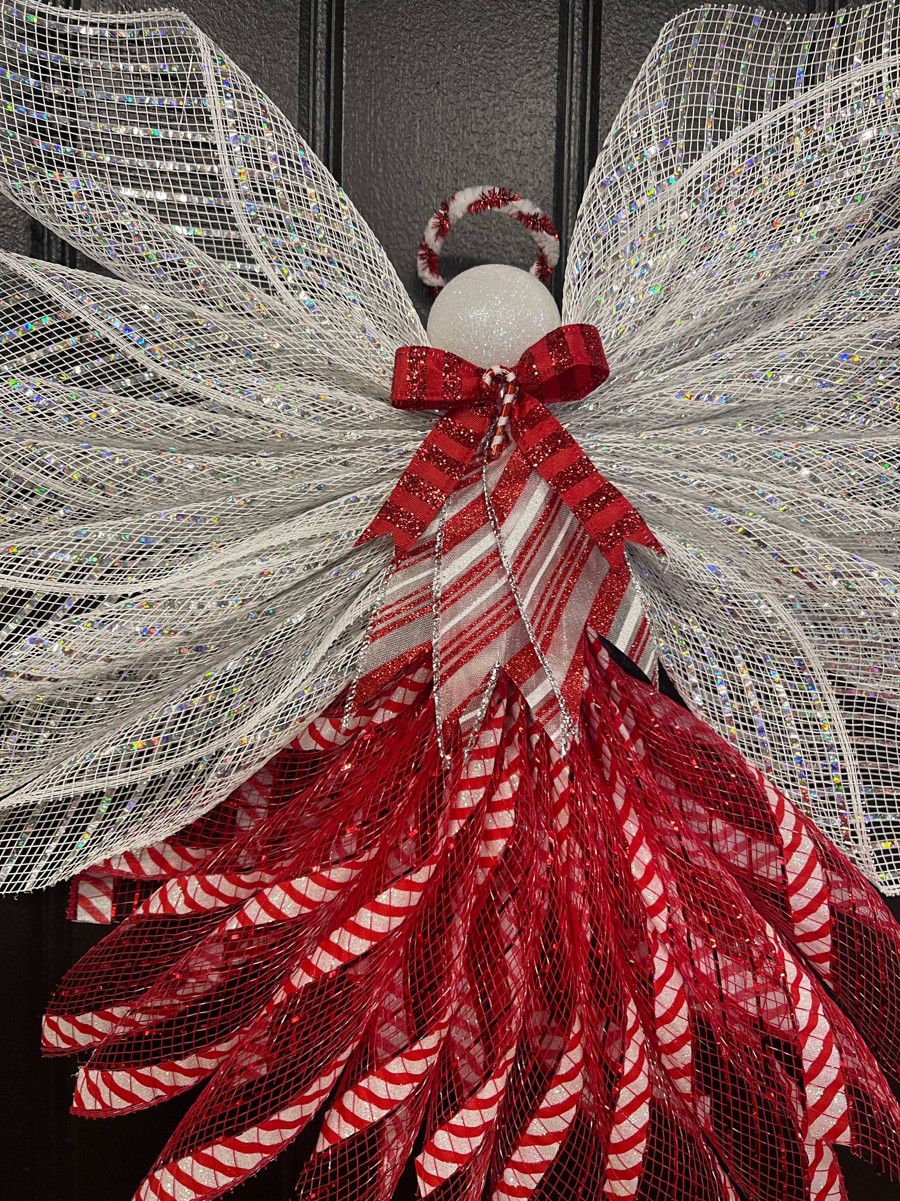 Candy Cane Christmas Angel Tree Topper, Holiday Guardian Angel Wreath, Graveside Memorial, KatsCreationsNMore