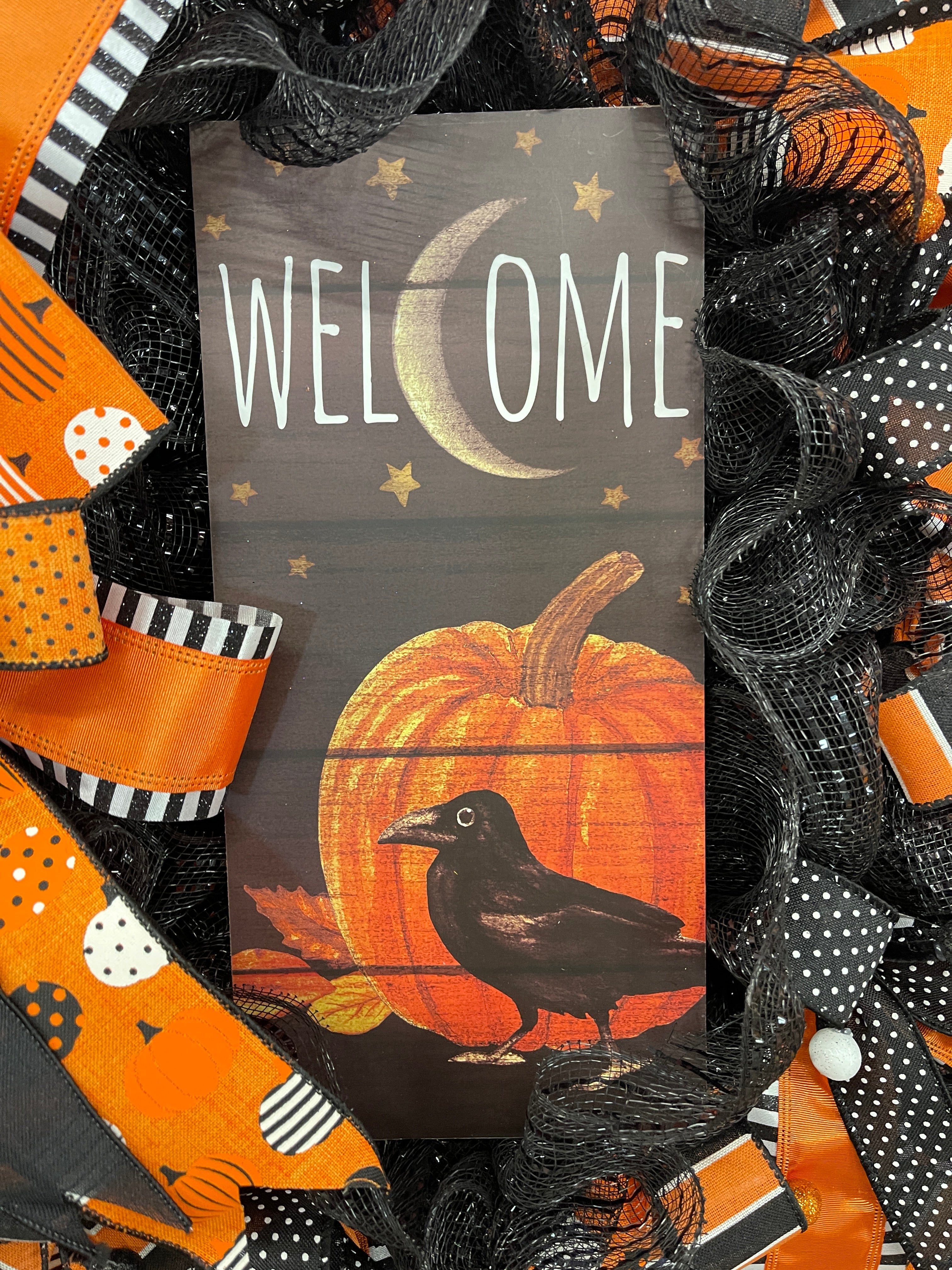 Halloween Welcome Wreath with Pumpkin & Raven Sign | Black & Orange Deco Mesh Front Door Wreath | Spooky Fall Porch Decor Handmade