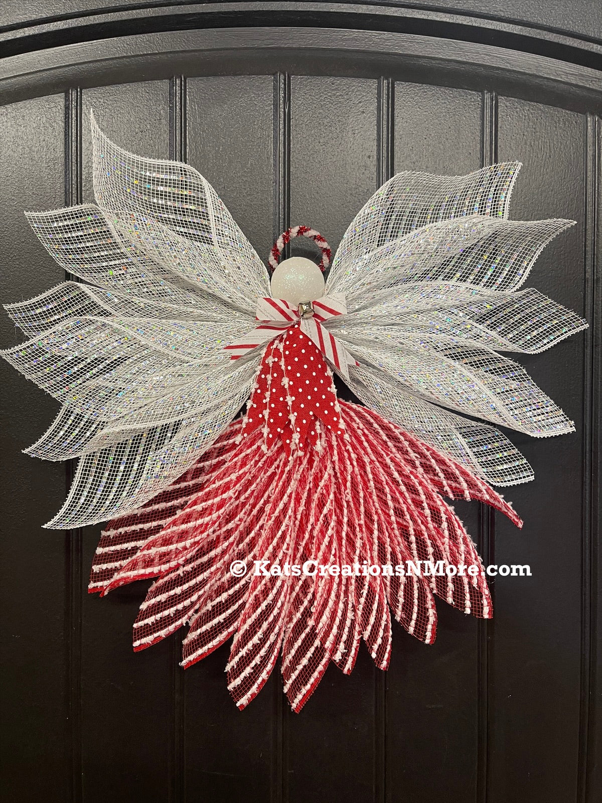 Peppermint Christmas Angel Tree Topper, Holiday Guardian Angel Wreath, Graveside Memorial, KatsCreationsNMore