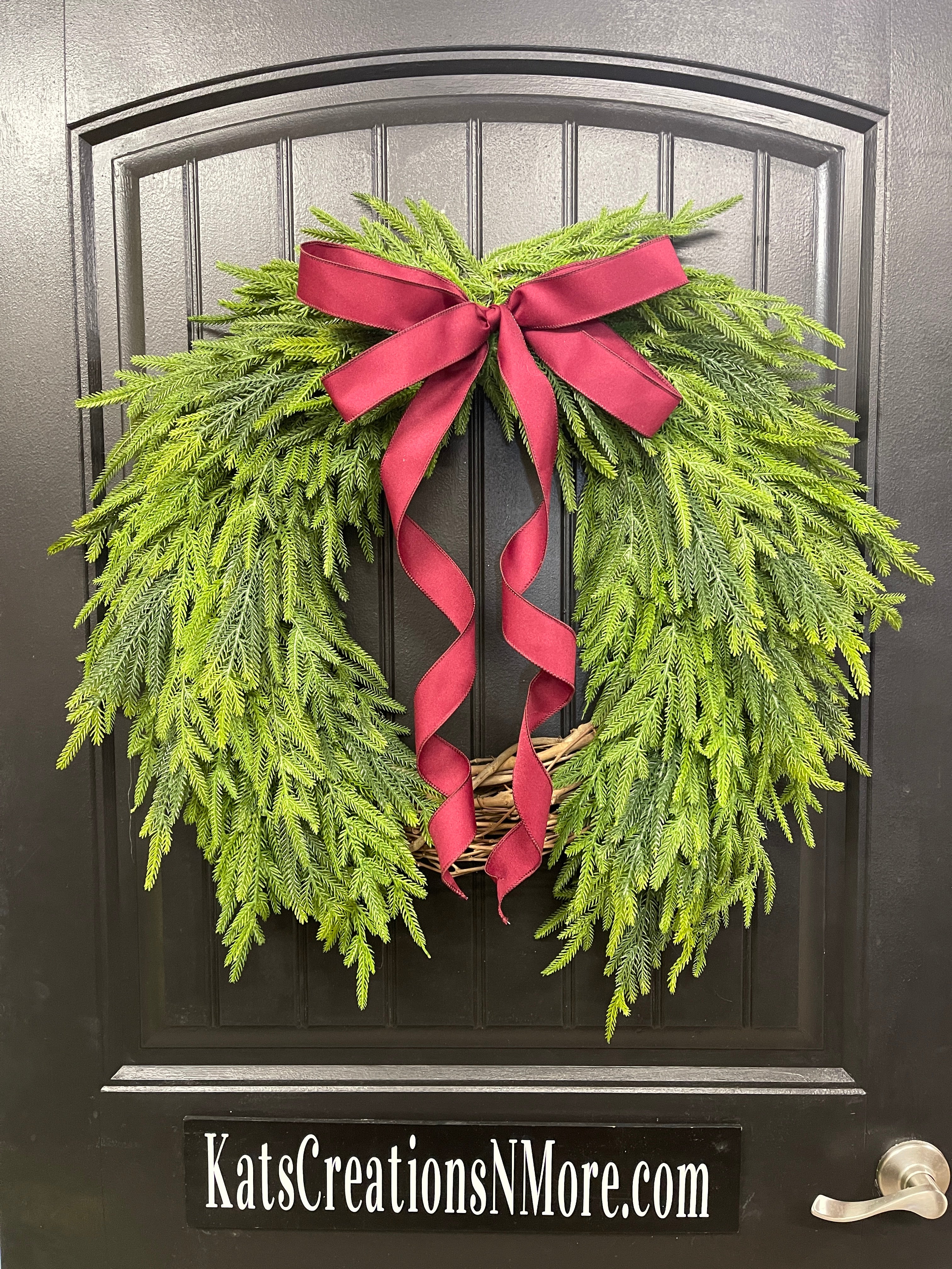 Norfolk Pine Evergreen Wreath, Christmas Grapevine Greenery with Burgundy Bow, KatsCreationsNMore