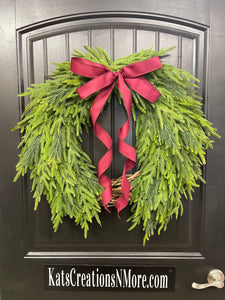 Norfolk Pine Evergreen Wreath, Christmas Grapevine Greenery with Burgundy Bow, KatsCreationsNMore