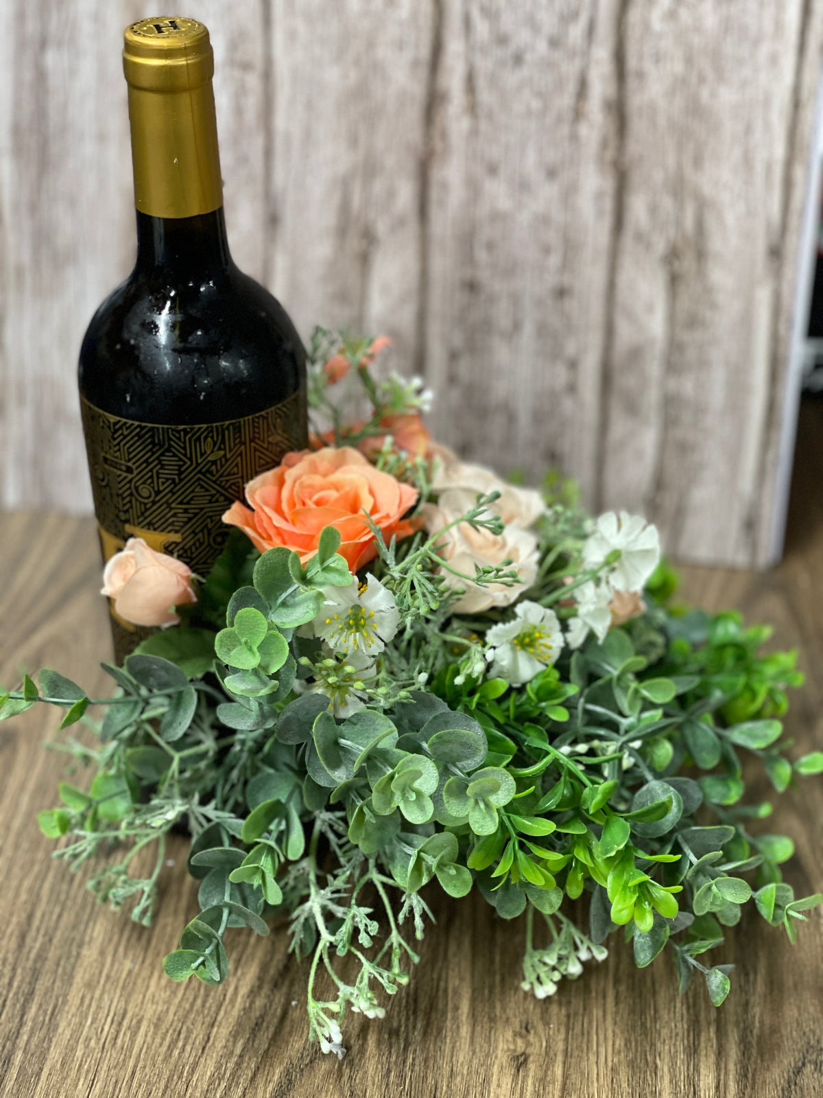 Spring Peach Rose and Ivory Ranuculus Bottle Bouquet, Floral Candle Holder, Table Centerpiece, Hostess Gift, Baby or Bridal Shower Arrangement, KatsCreationsNMore