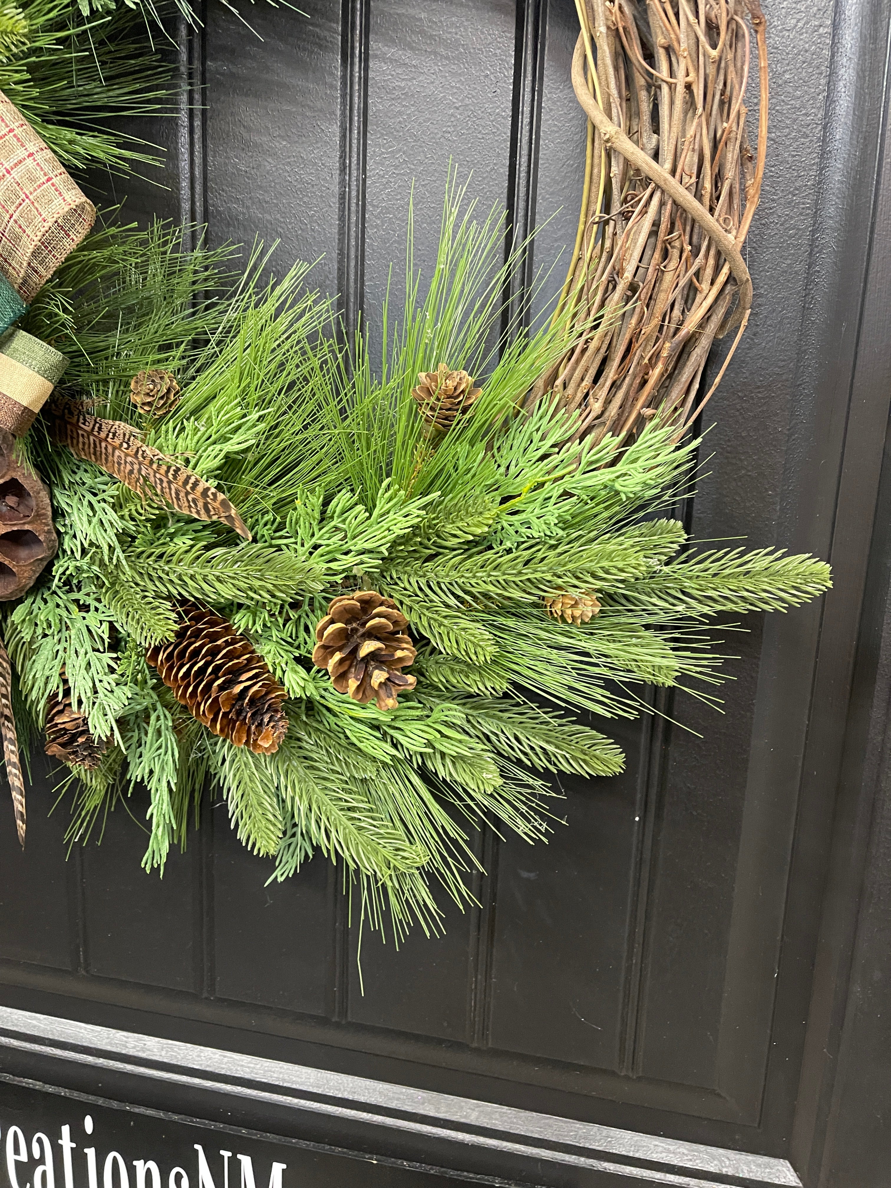 Deer Antler Pheasant Feather Pine Grapevine Wreath, Hunting Front Door Decor, KatsCreationsNMore