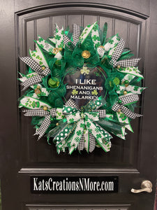 I Like Shenanigans and Malarkey St Patrick’s Wreath, Luck of the Irish Front Door Decor, KatsCreationsNMore