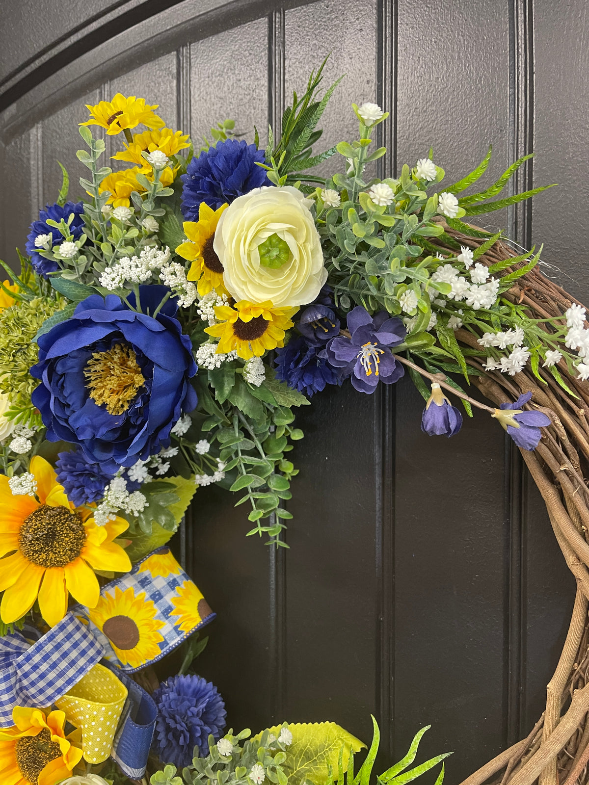 Sunflower and Peony Grapevine Wreath – Yellow and Blue Summer Door Decor - KatsCreationsNMore