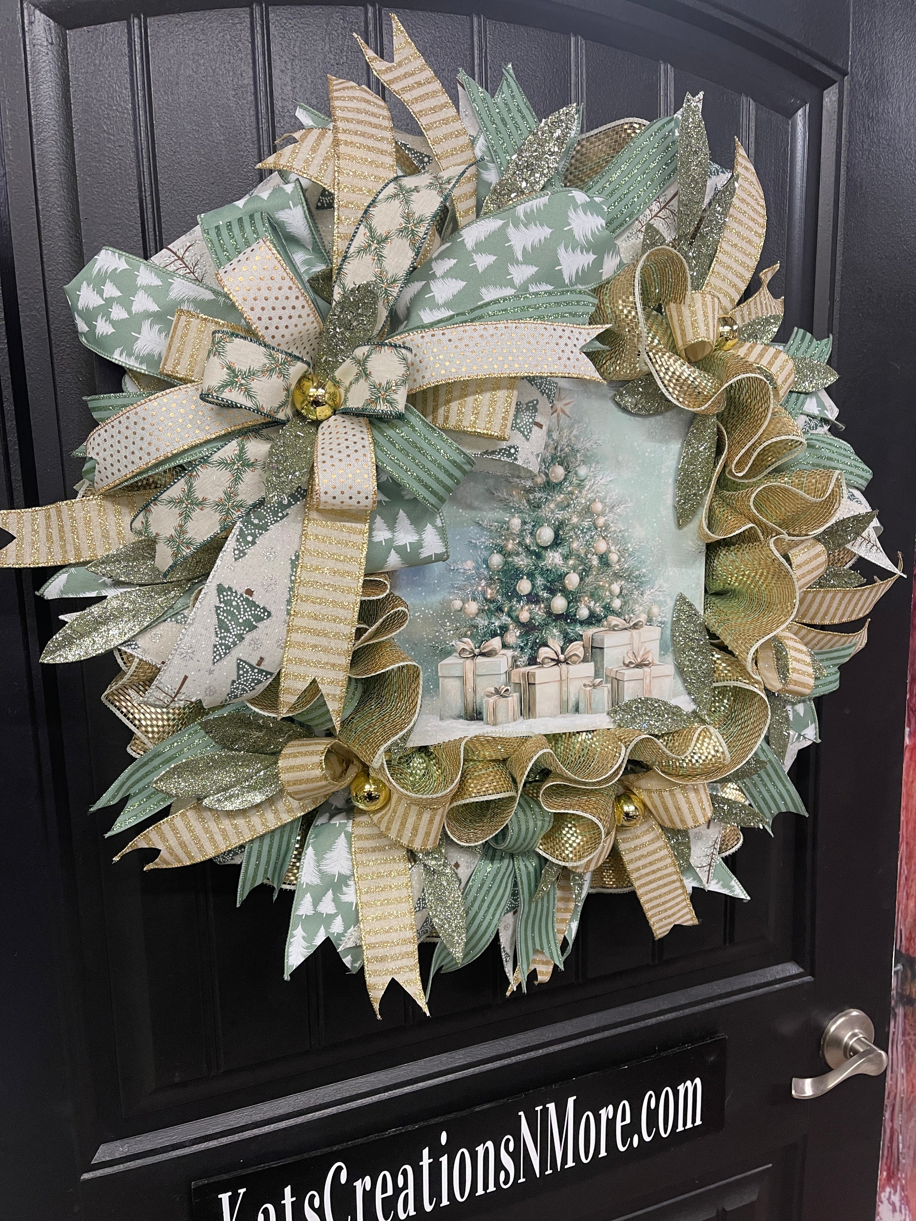 Sage & Champagne Gold Christmas Wreath — Elegant Winter Door Decor, KatsCreationsNMore