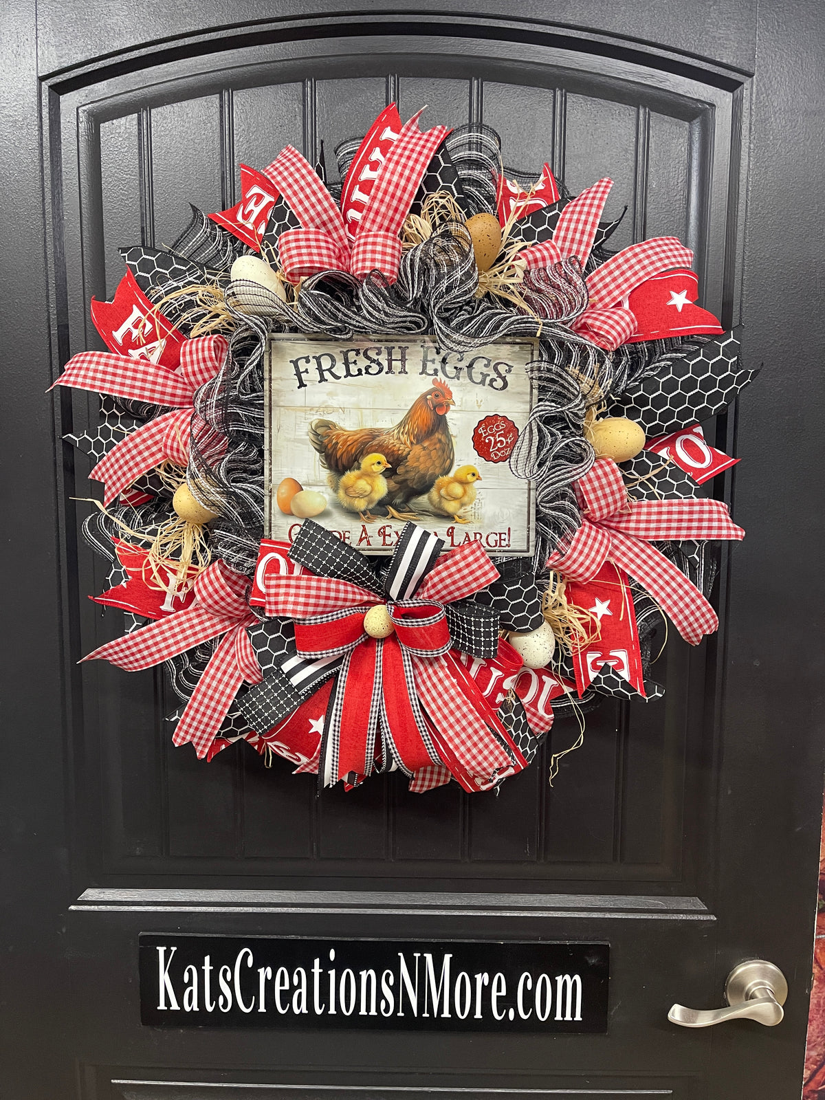 Farmhouse Chicken Wreath, Fresh Eggs Front Door Wreath, Rustic Chicken Wreath, Country Farmhouse Decor, Red Gingham Spring Summer Wreath, KatsCreationsNMore