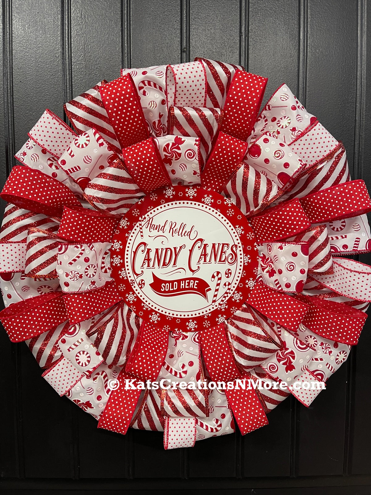 Candy Cane Christmas Ribbon Wreath, Winter Holiday Front Door Decor, Seasonal Porch Decoration, KatsCreationsNMore