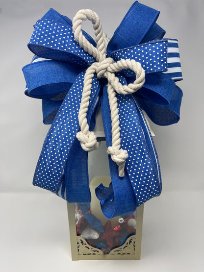 Nautical Blue And White Rope Bow Set, Coastal Lantern Bow, Patriotic Mailbox Bow, Beach House Decor, Front Door Bow Set
