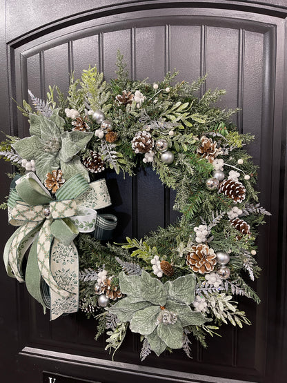 Merry & Bright Sage Green Christmas Wreath | 26” Frosted Evergreen Holiday Decor