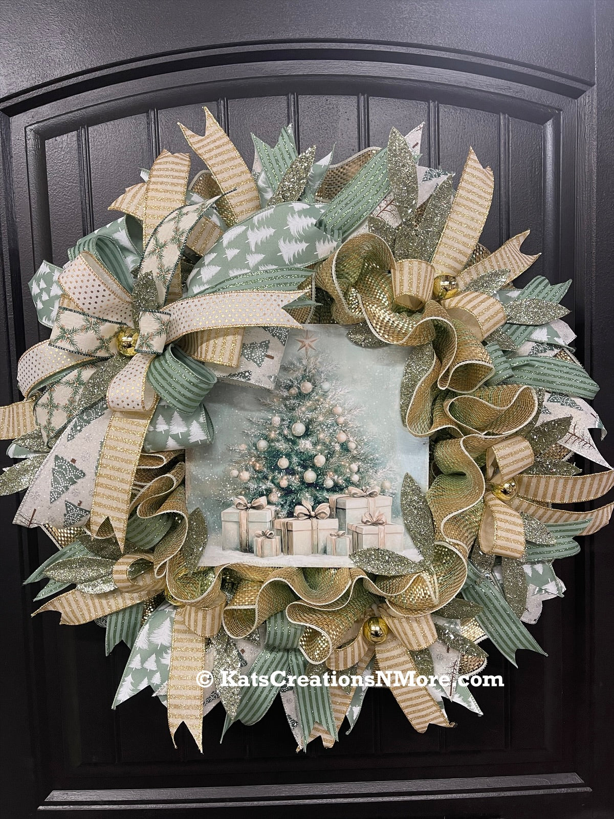 Sage & Champagne Gold Christmas Wreath — Elegant Winter Door Decor, KatsCreationsNMore