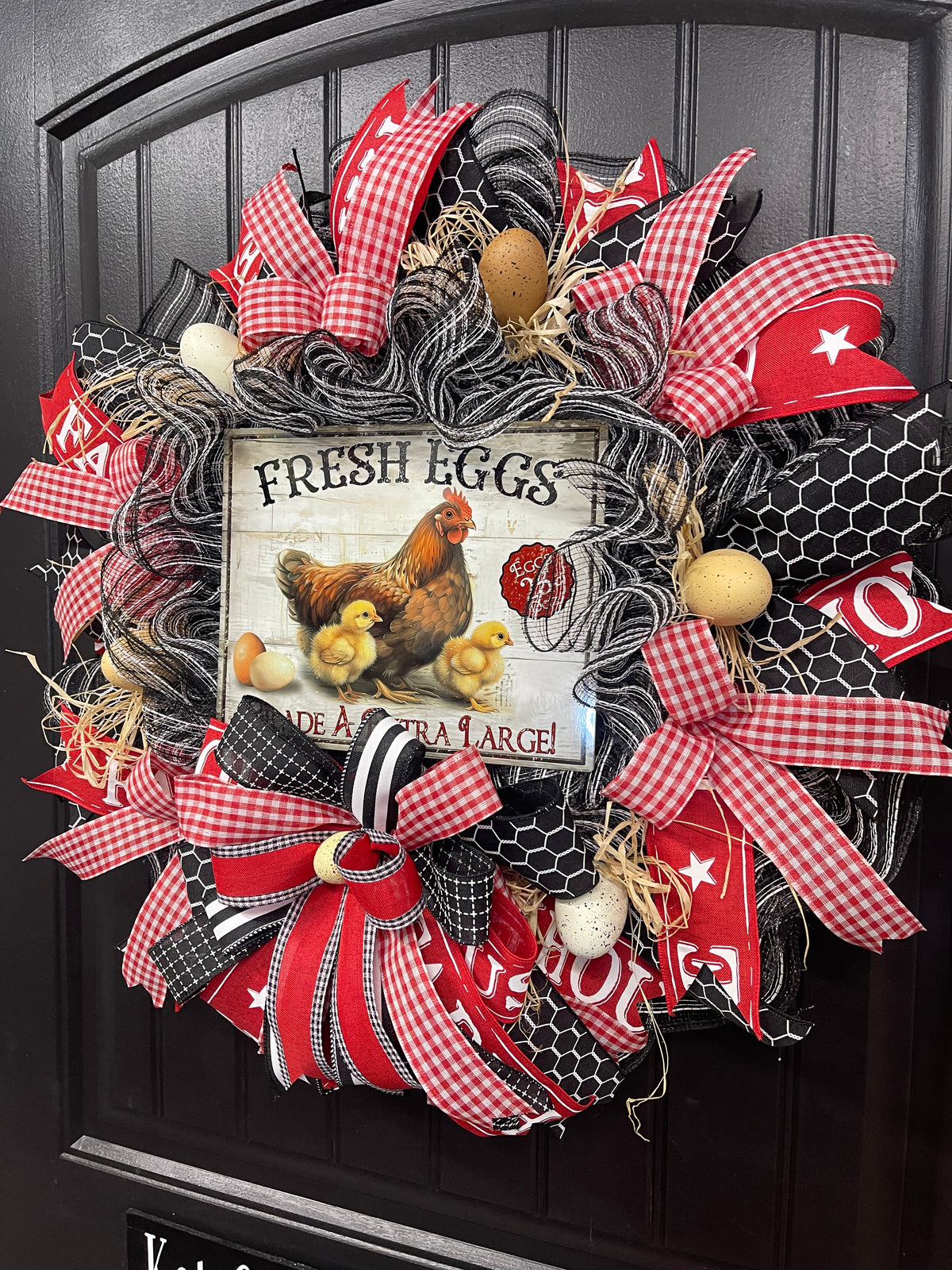 Farmhouse Chicken Wreath, Fresh Eggs Front Door Wreath, Rustic Chicken Wreath, Country Farmhouse Decor, Red Gingham Spring Summer Wreath, KatsCreationsNMore