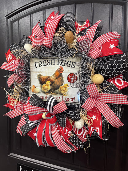 Farmhouse Chicken Wreath, Fresh Eggs Front Door Wreath, Rustic Chicken Wreath, Country Farmhouse Decor, Red Gingham Spring Summer Wreath, KatsCreationsNMore