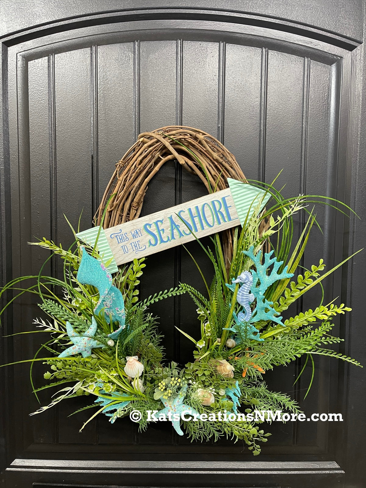 Coastal Grapevine Wreath, Beach Cottage Front Door Decor, This Way to the Seashore, KatsCreationsNMore