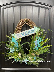 Coastal Grapevine Wreath, Beach Cottage Front Door Decor, This Way to the Seashore, KatsCreationsNMore