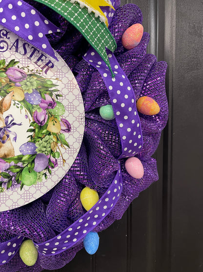 Happy Easter Bunny Egg Wreath, Spring Front Door Decor, KatsCreationsNMore