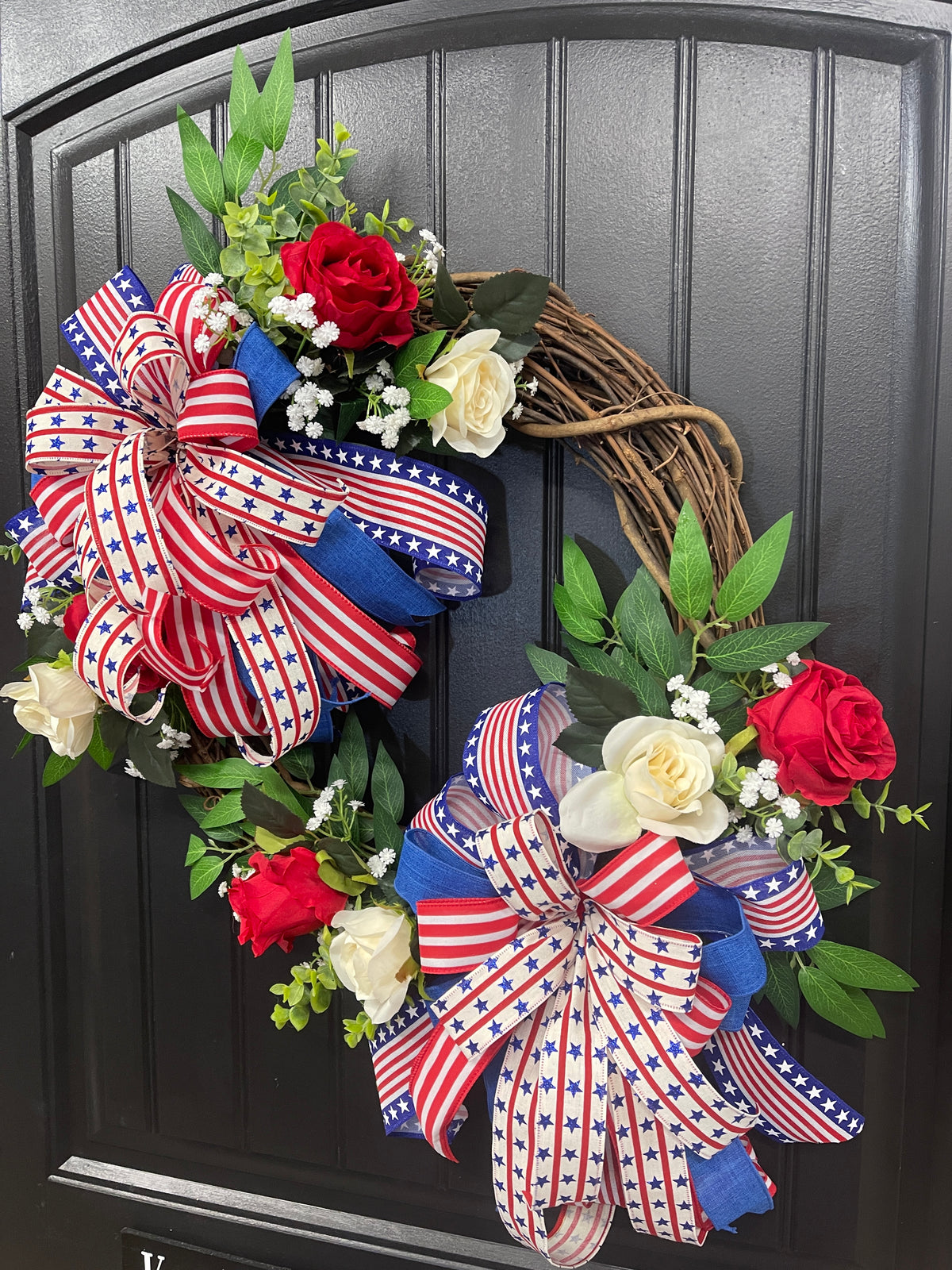 Patriotic Floral Rose Grapevine Double Bow Wreath, 4th of July Front Door Decoration, KatsCreationsNMore