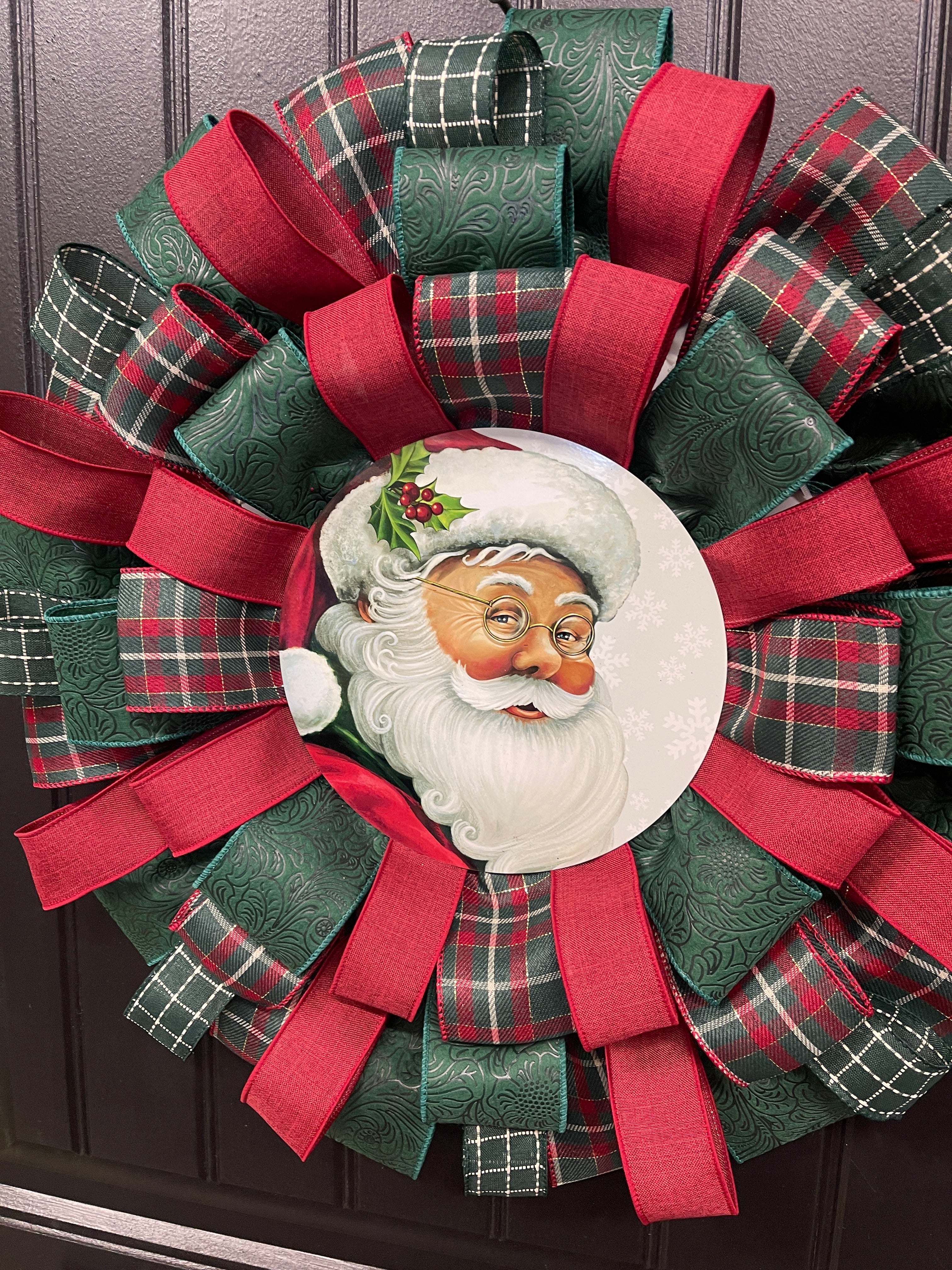 Classic Santa Christmas Ribbon Wreath, Holiday Front Storm Door Decor, KatsCreationsNMore