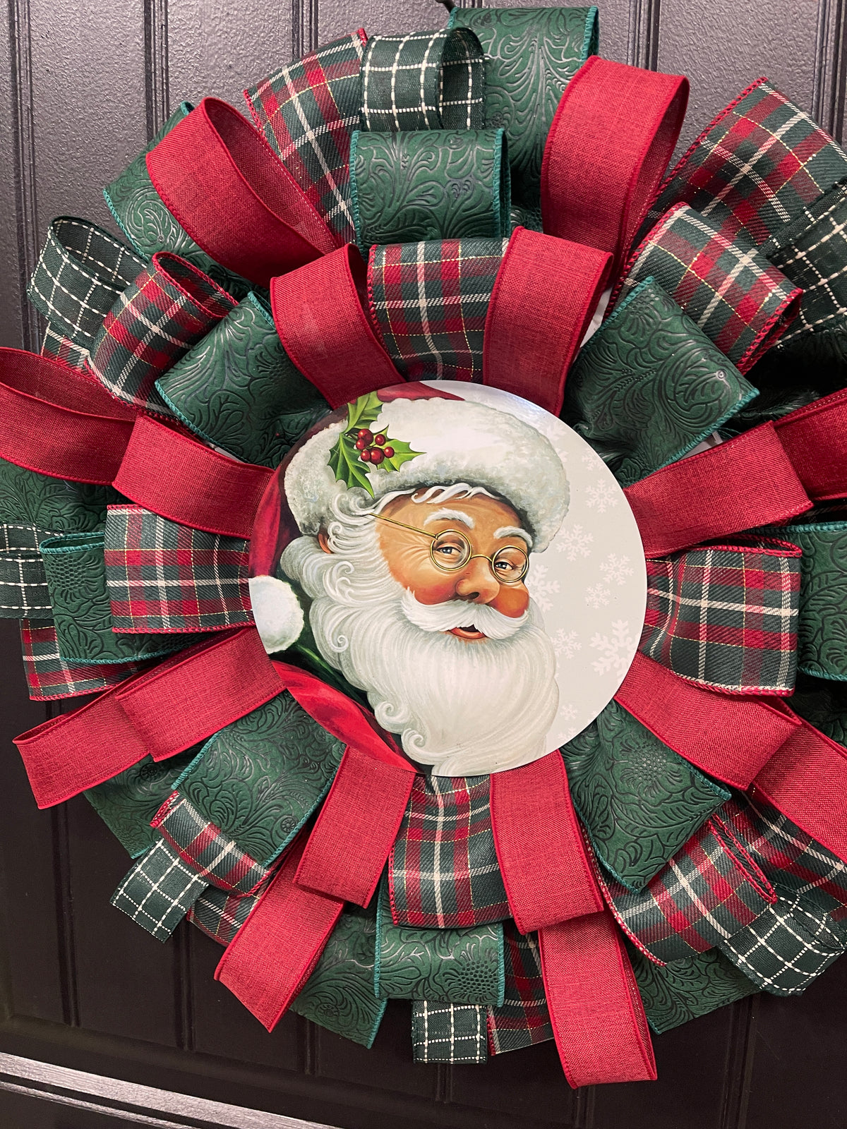 Classic Santa Christmas Ribbon Wreath, Holiday Front Storm Door Decor, KatsCreationsNMore