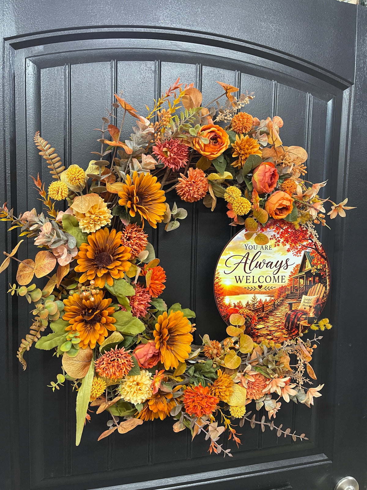Always Welcome Fall Grapevine Wreath | Handmade Autumn Front Door Decor | KatsCreationsNMore