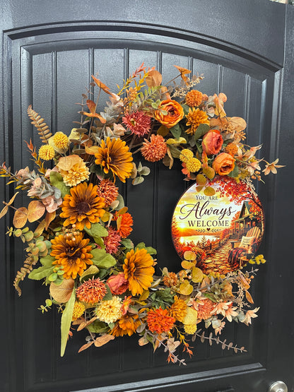 Always Welcome Fall Grapevine Wreath | Handmade Autumn Front Door Decor | KatsCreationsNMore