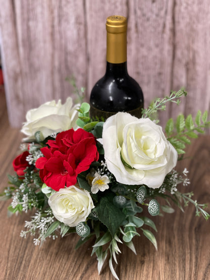 Rose and Geranium Bottle Bouquet, Hostess Gift, Floral Bottle Arrangement, Elegant Candle Holder, KatsCreationsNMore