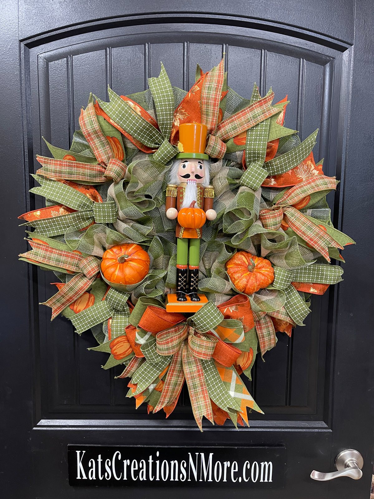 Pumpkin Nutcracker Fall Wreath – Rustic Autumn Front Door Wreath with Pumpkins and Plaid Ribbon