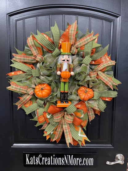 Pumpkin Nutcracker Fall Wreath – Rustic Autumn Front Door Wreath with Pumpkins and Plaid Ribbon