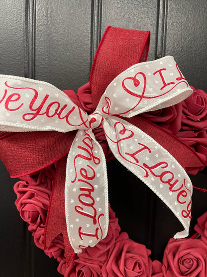 Valentine’s Day Burgundy Rose Heart Shaped Wreath, I Love You Front Door Decor, KatsCreationsNMore
