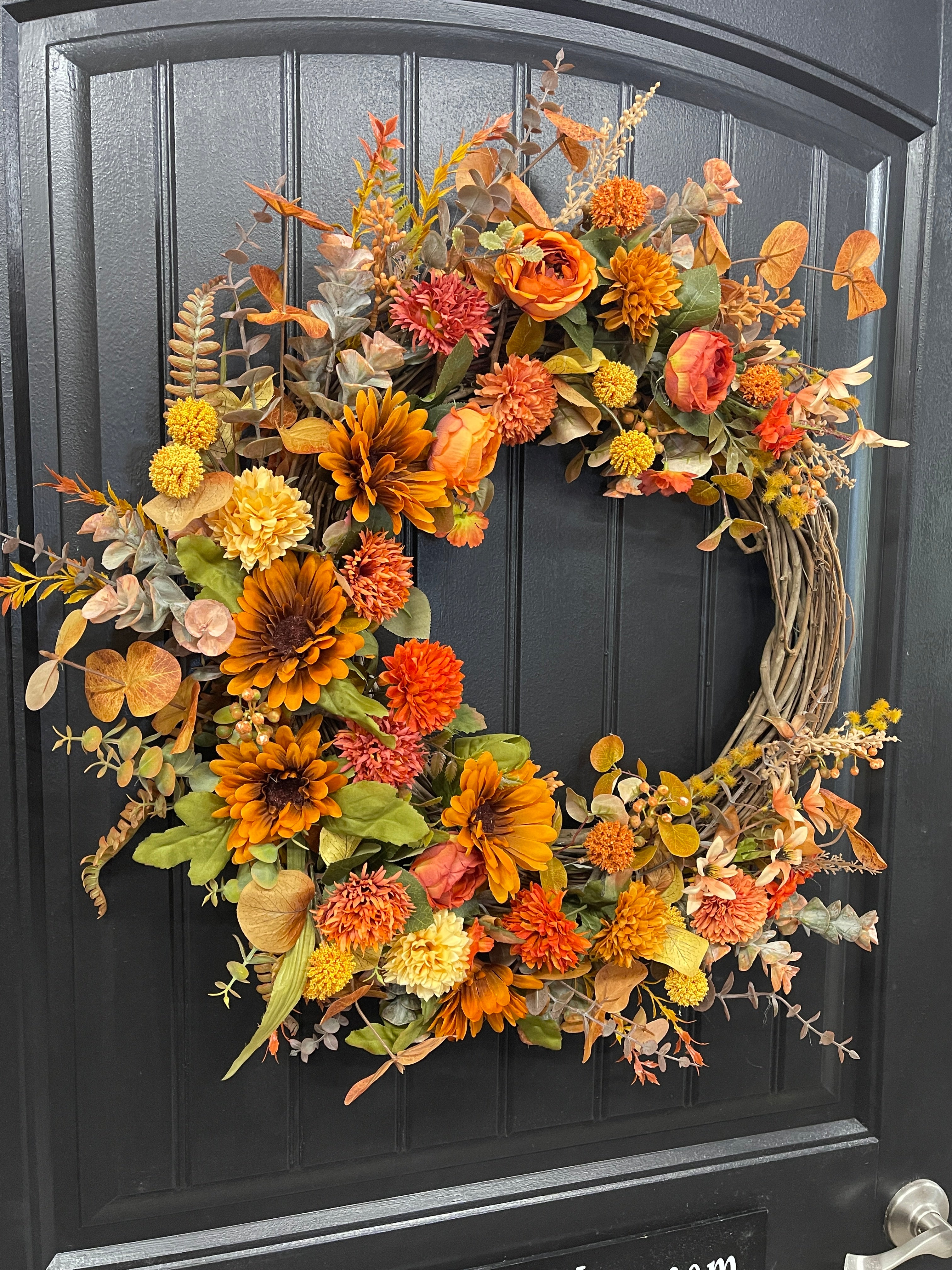 Fall Floral Grapevine, Autumn Front Door Crescent Wreath, KatsCreationsNMore