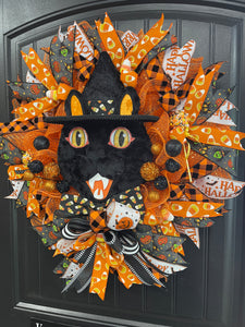 Retro Black Cat Vintage Halloween Wreath for Front Door by KatsCreationsNMore