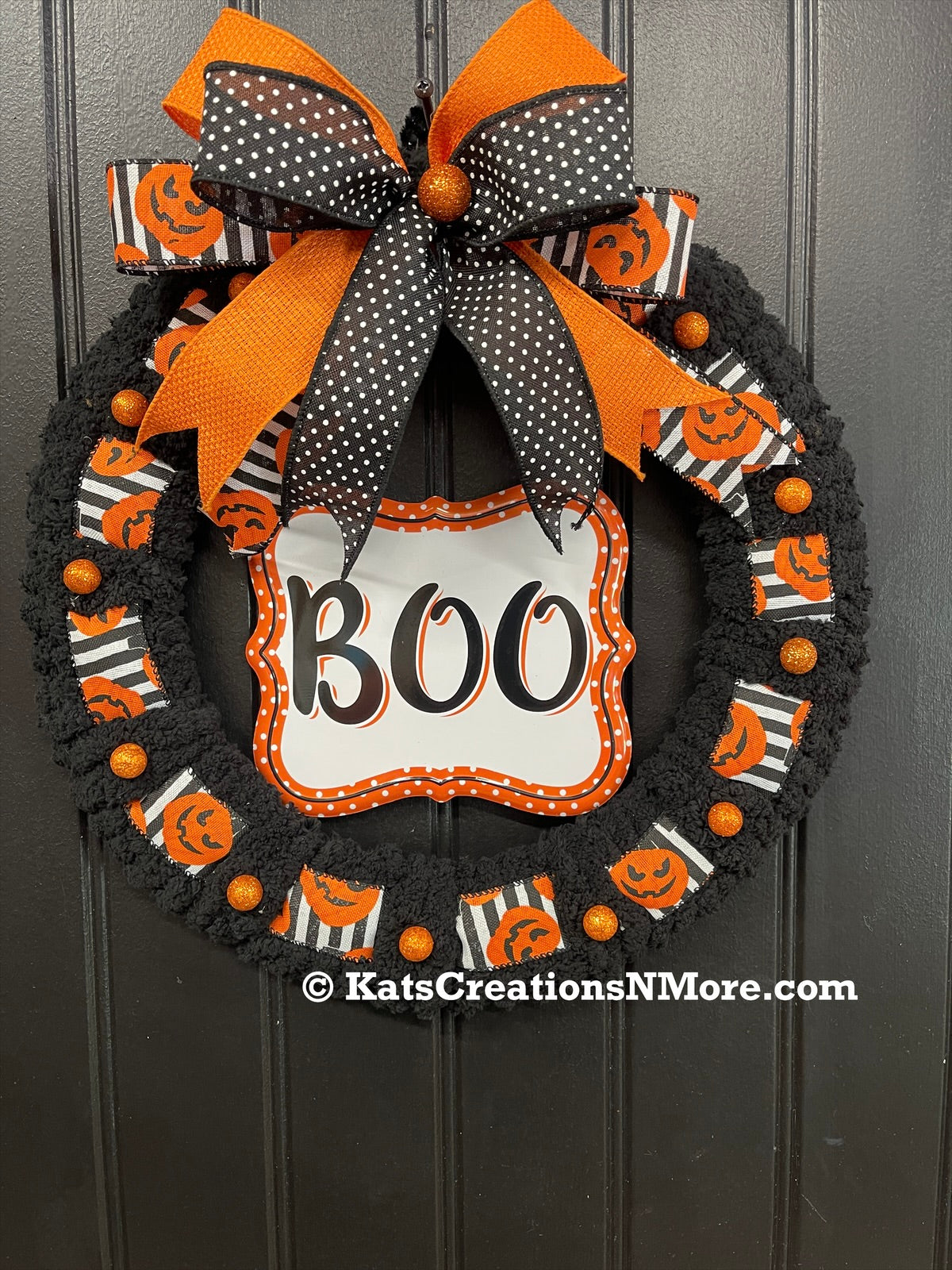 Halloween “BOO” Wreath for Front Door – 16-Inch Black & Orange Jack-O’-Lantern Wreath – Storm Door Friendly - KatsCreationsNMore