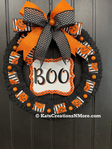 Halloween “BOO” Wreath for Front Door – 16-Inch Black & Orange Jack-O’-Lantern Wreath – Storm Door Friendly - KatsCreationsNMore