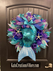 Mermaid Tail Beach Wreath, Coastal Summer Front Door Decor, KatsCreationsNMore