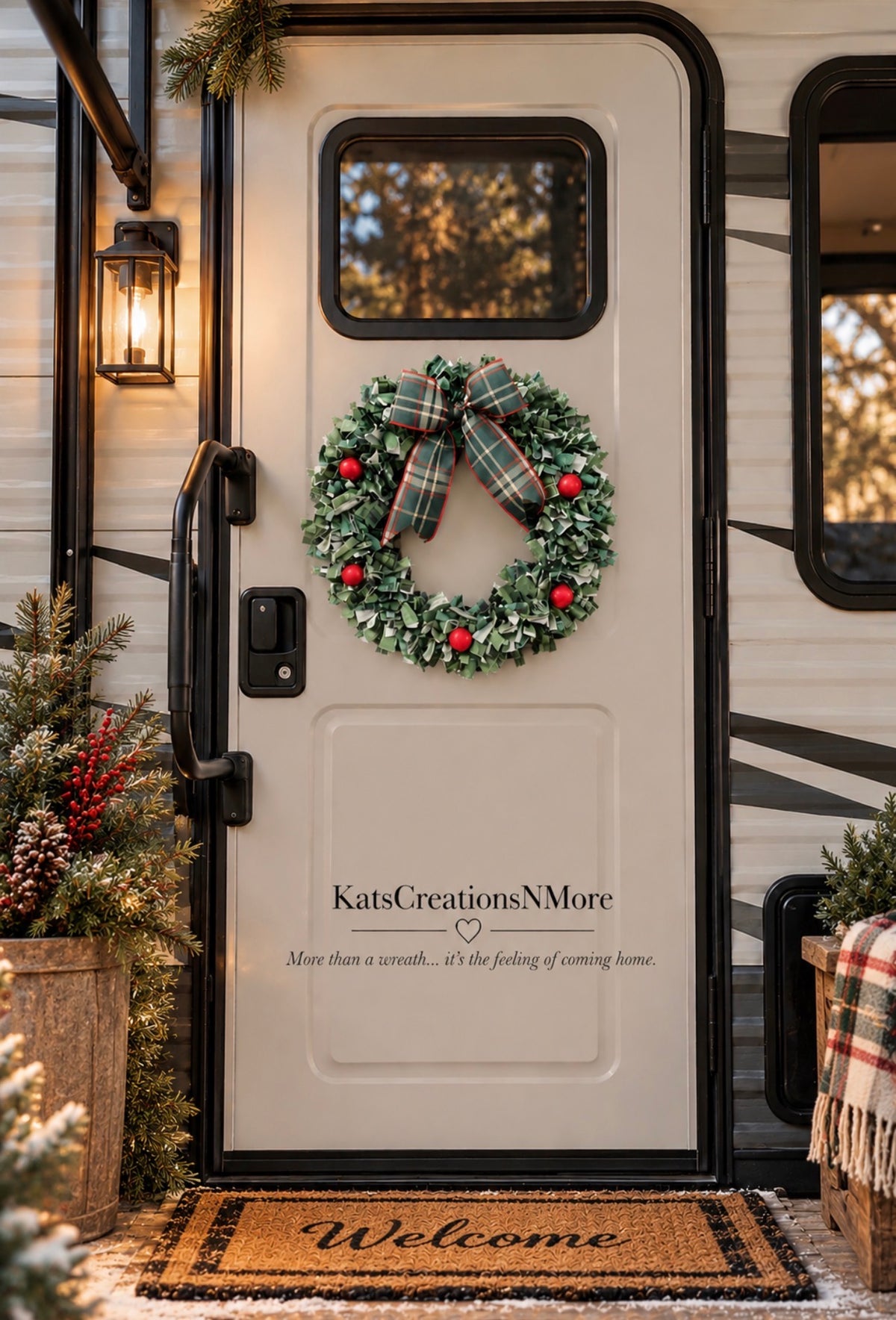 Christmas Fabric Wreath, 16 Inch Plaid Holiday Wreath, Small Farmhouse Door Decor, Rustic RV Camper Christmas Decoration